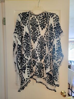 Navy & White Pom-Pom Open Front Kimono